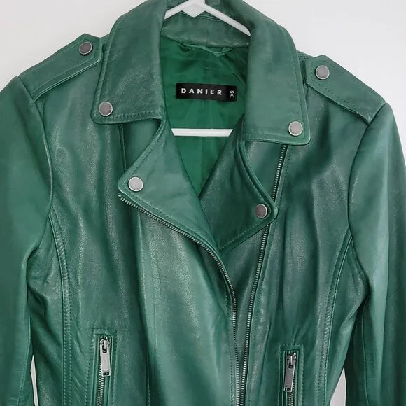 Danier Daria Emerald Green Leather Moto Jacket Size XS - Picture 13 of 13